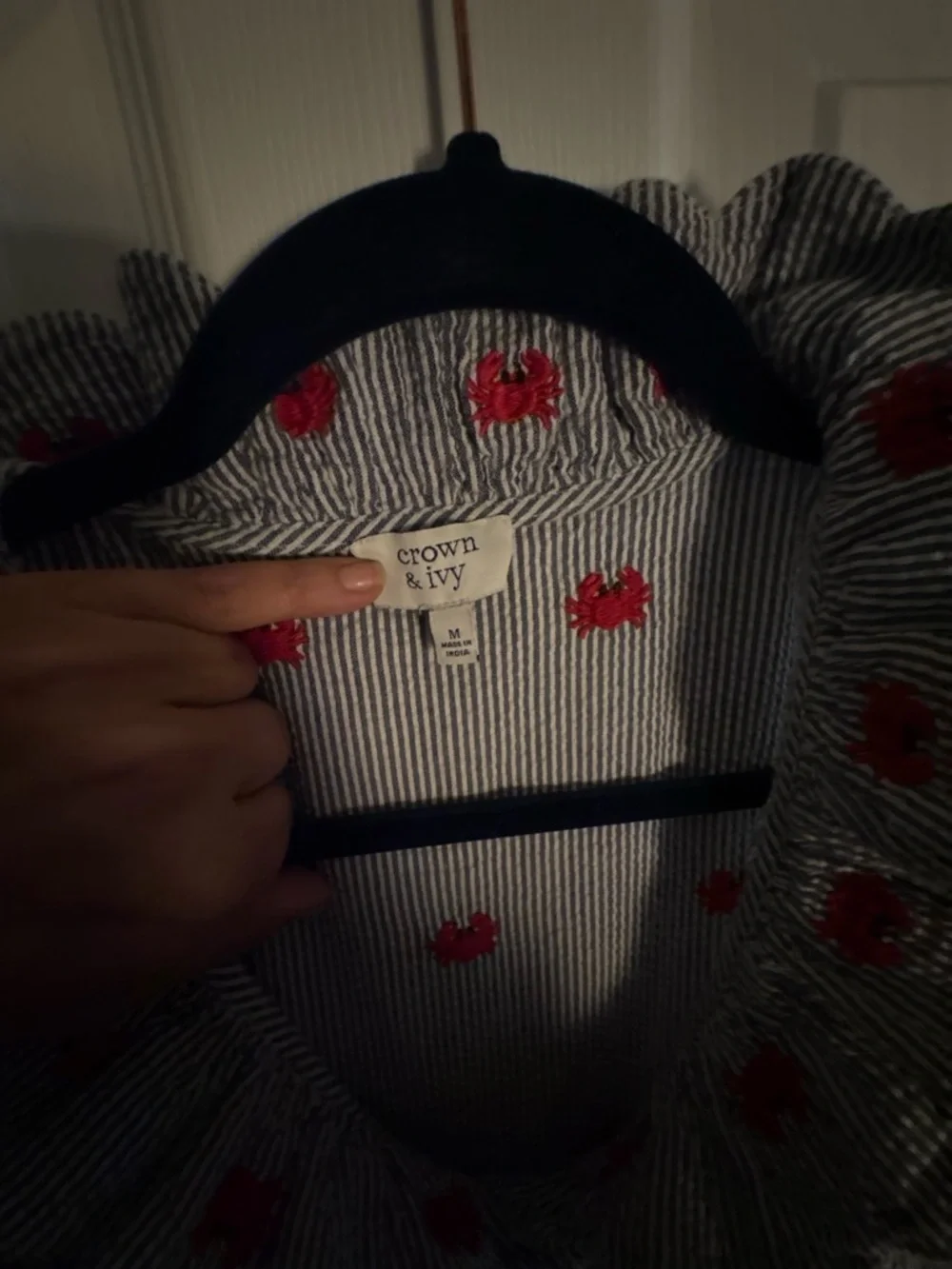 crown & ivy Navy Striped Top with Red Crab Embroidery - Picture 2 of 6